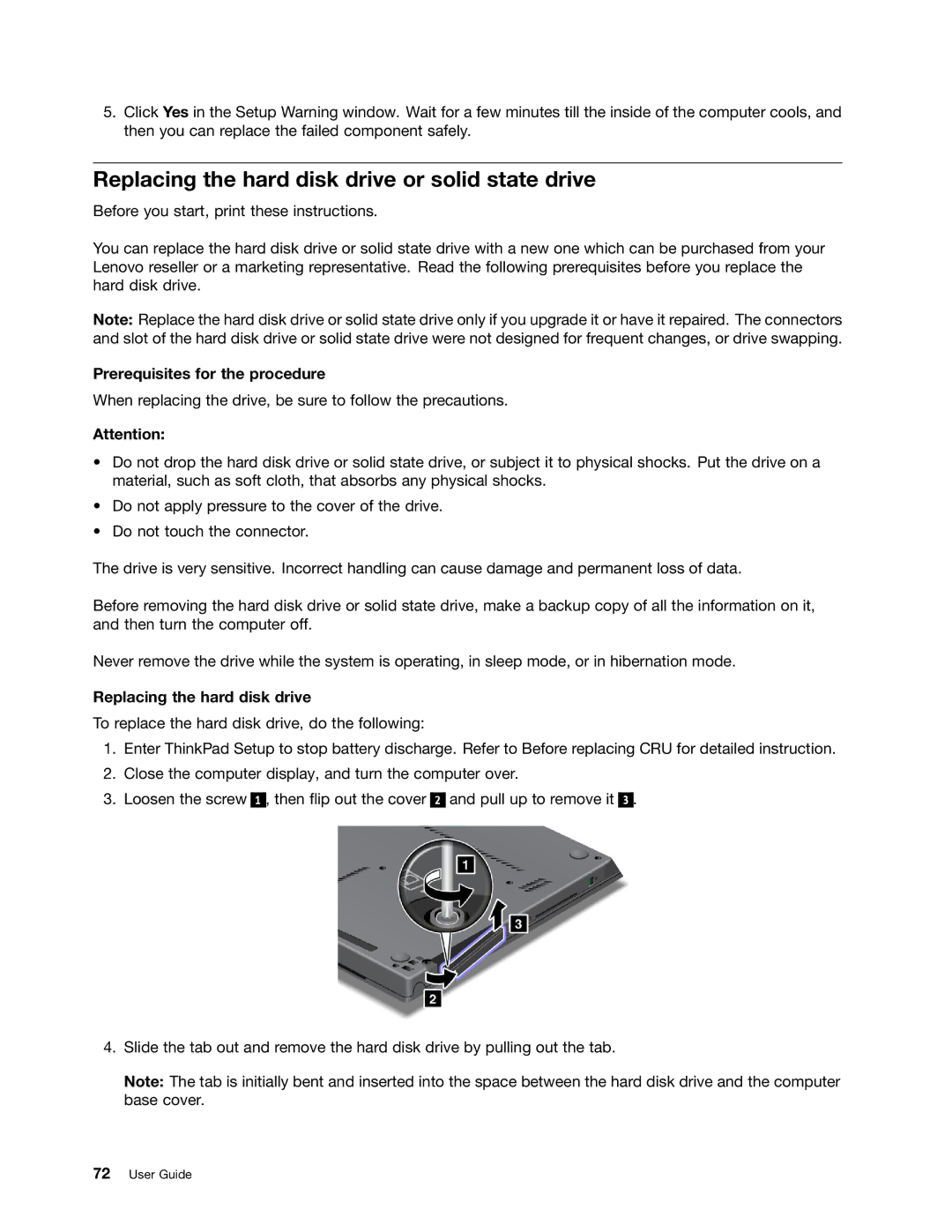 Lenovo 3444CUU manual Replacing the hard disk drive or solid state drive, Prerequisites for the procedure 