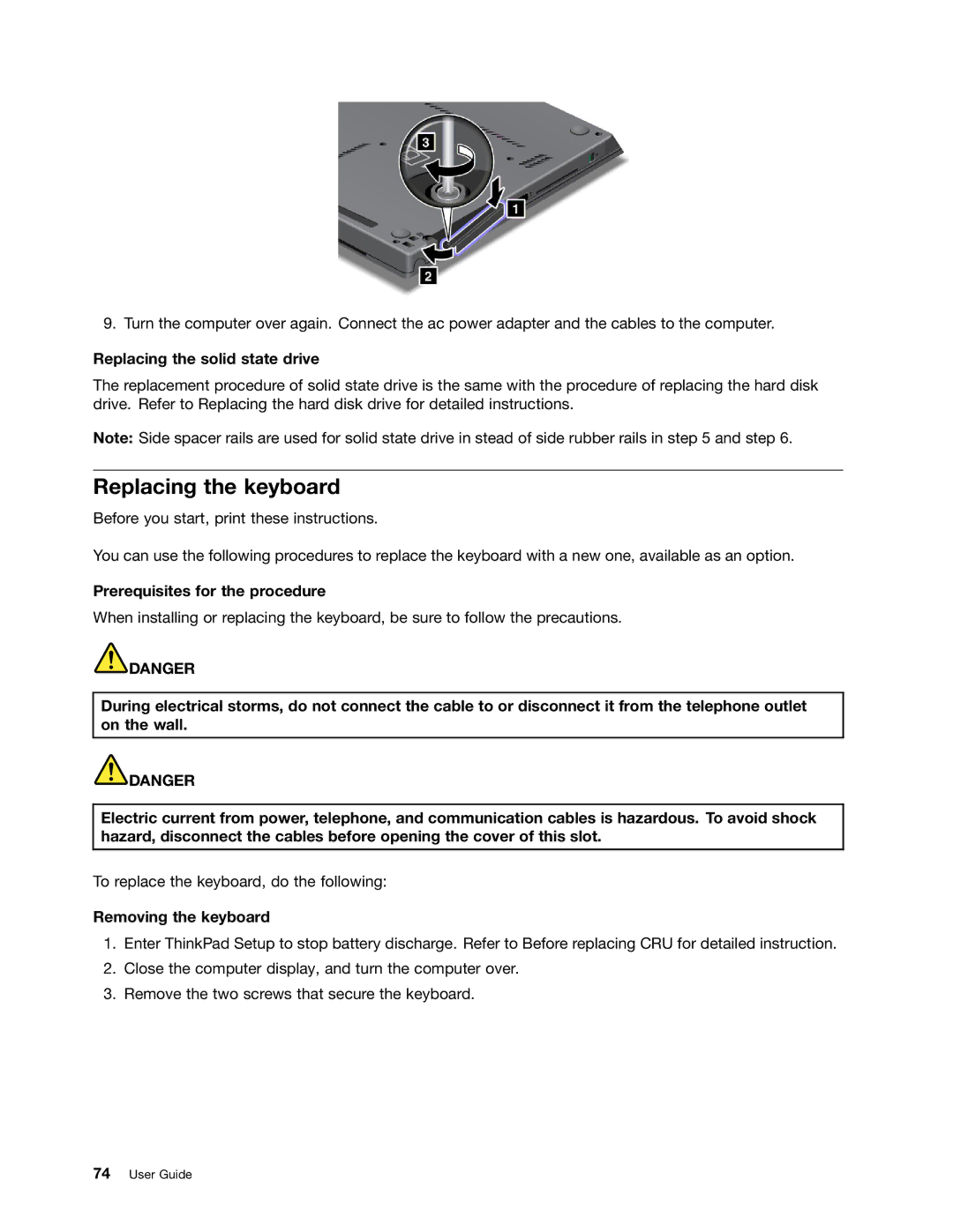 Lenovo 3444CUU manual Replacing the keyboard, Replacing the solid state drive, Removing the keyboard 