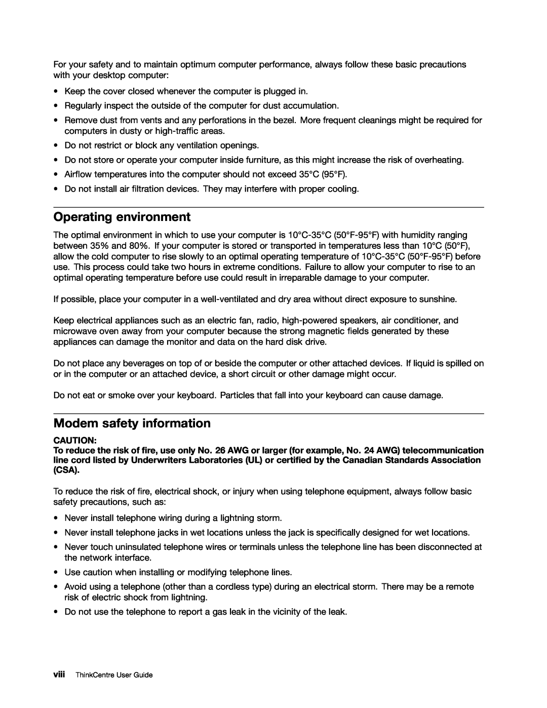 Lenovo 3484JMU manual Operating environment, Modem safety information 