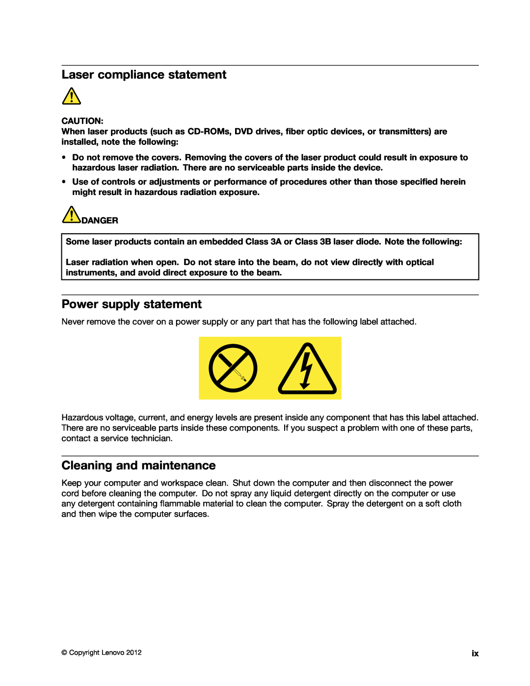 Lenovo 3484JMU manual Laser compliance statement, Power supply statement, Cleaning and maintenance, Danger 