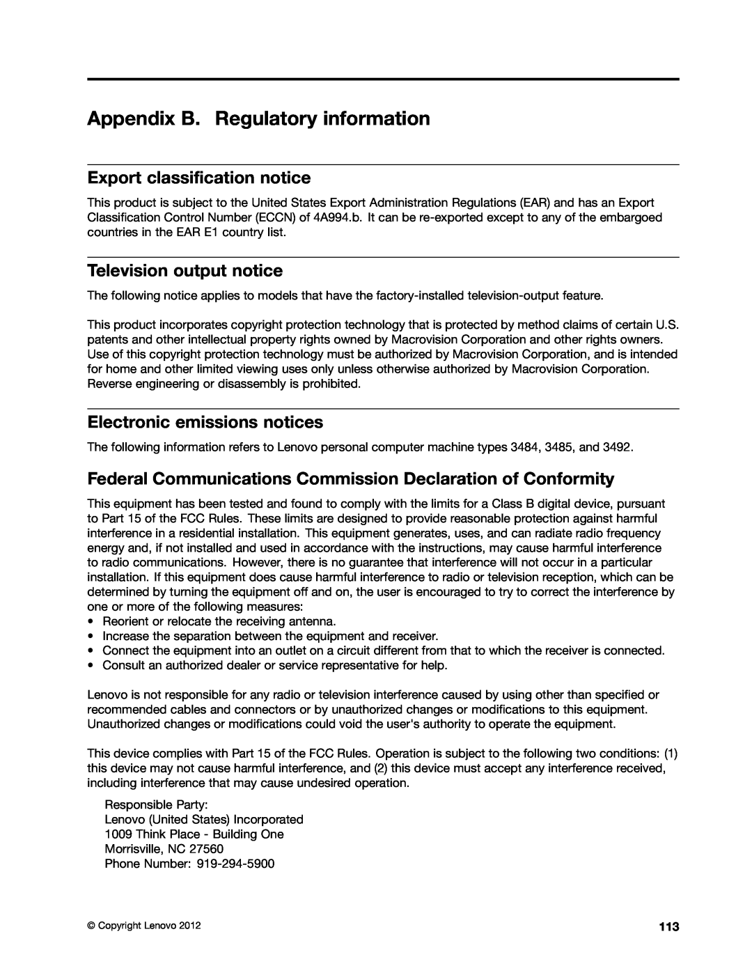 Lenovo 3484JMU manual Appendix B. Regulatory information, Export classification notice, Television output notice 
