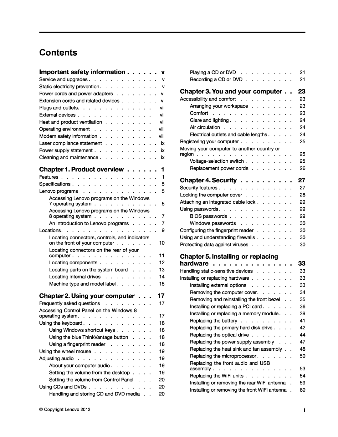 Lenovo 3484JMU manual Contents, Important safety information, Product overview, Using your computer, You and your computer 