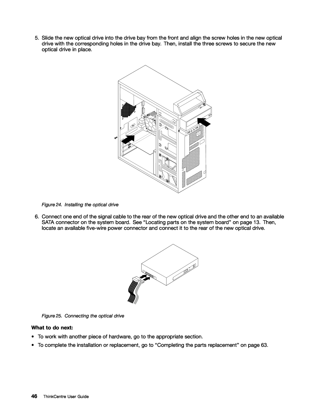 Lenovo 3484JMU manual What to do next, Installing the optical drive, Connecting the optical drive, ThinkCentre User Guide 