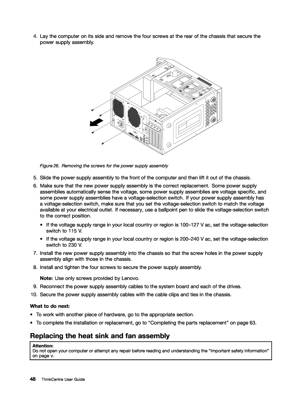 Lenovo 3484JMU manual Replacing the heat sink and fan assembly, What to do next 