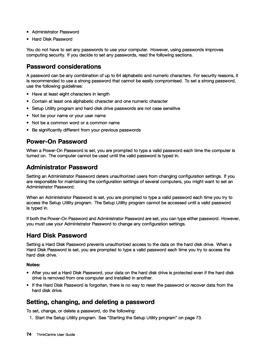 Lenovo 3484JMU manual Password considerations, Power-On Password, Administrator Password, Hard Disk Password 