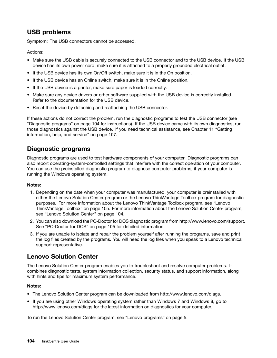 Lenovo 3484JMU manual USB problems, Diagnostic programs, Lenovo Solution Center 