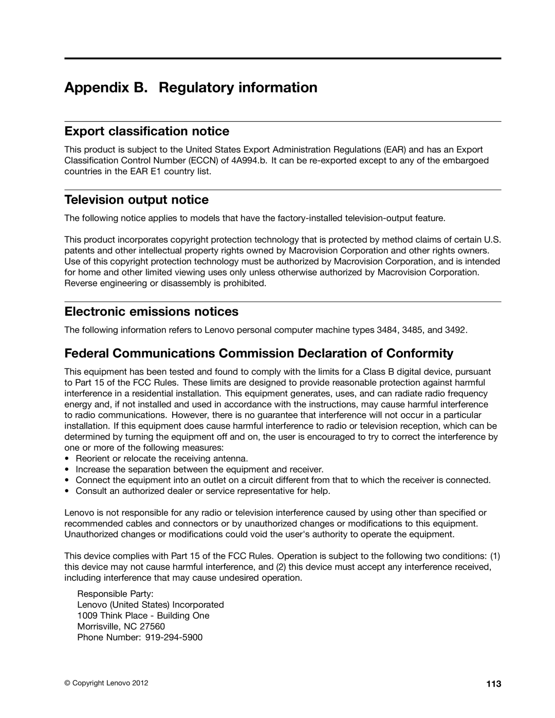 Lenovo 3484JMU manual Appendix B. Regulatory information, Export classification notice, Television output notice 