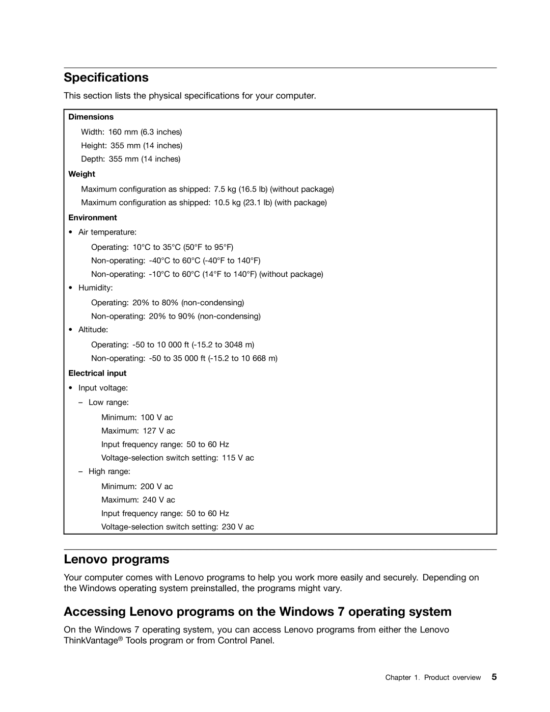 Lenovo 3484JMU manual Specifications, Accessing Lenovo programs on the Windows 7 operating system 