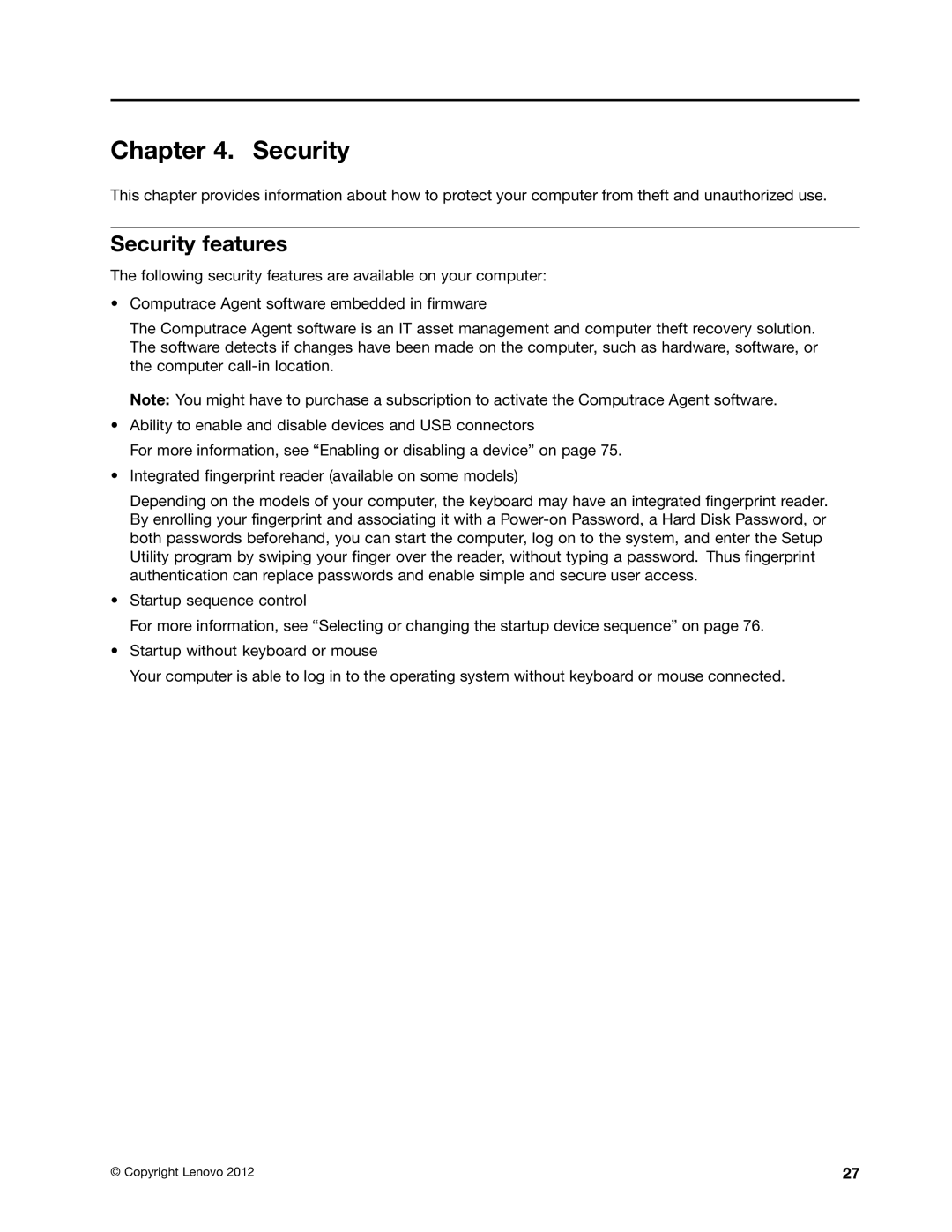 Lenovo 3484JMU manual Security features 