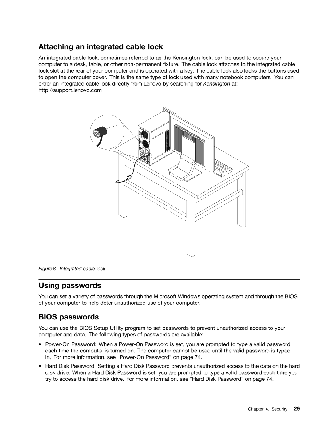 Lenovo 3484JMU manual Attaching an integrated cable lock, Using passwords, Bios passwords 