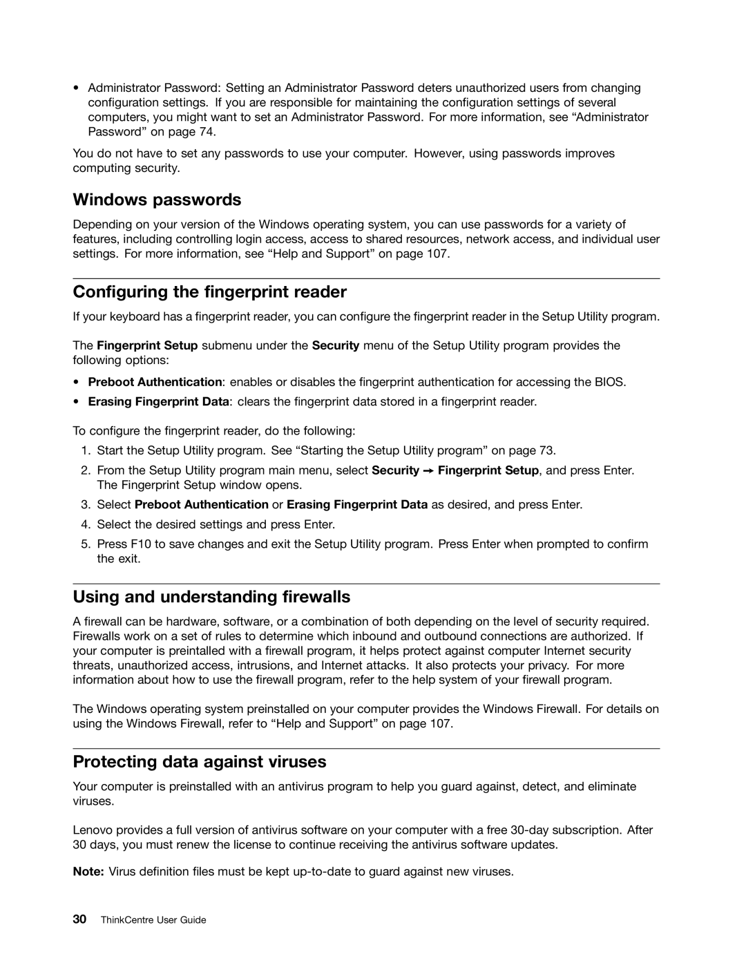 Lenovo 3484JMU manual Windows passwords, Configuring the fingerprint reader, Using and understanding firewalls 