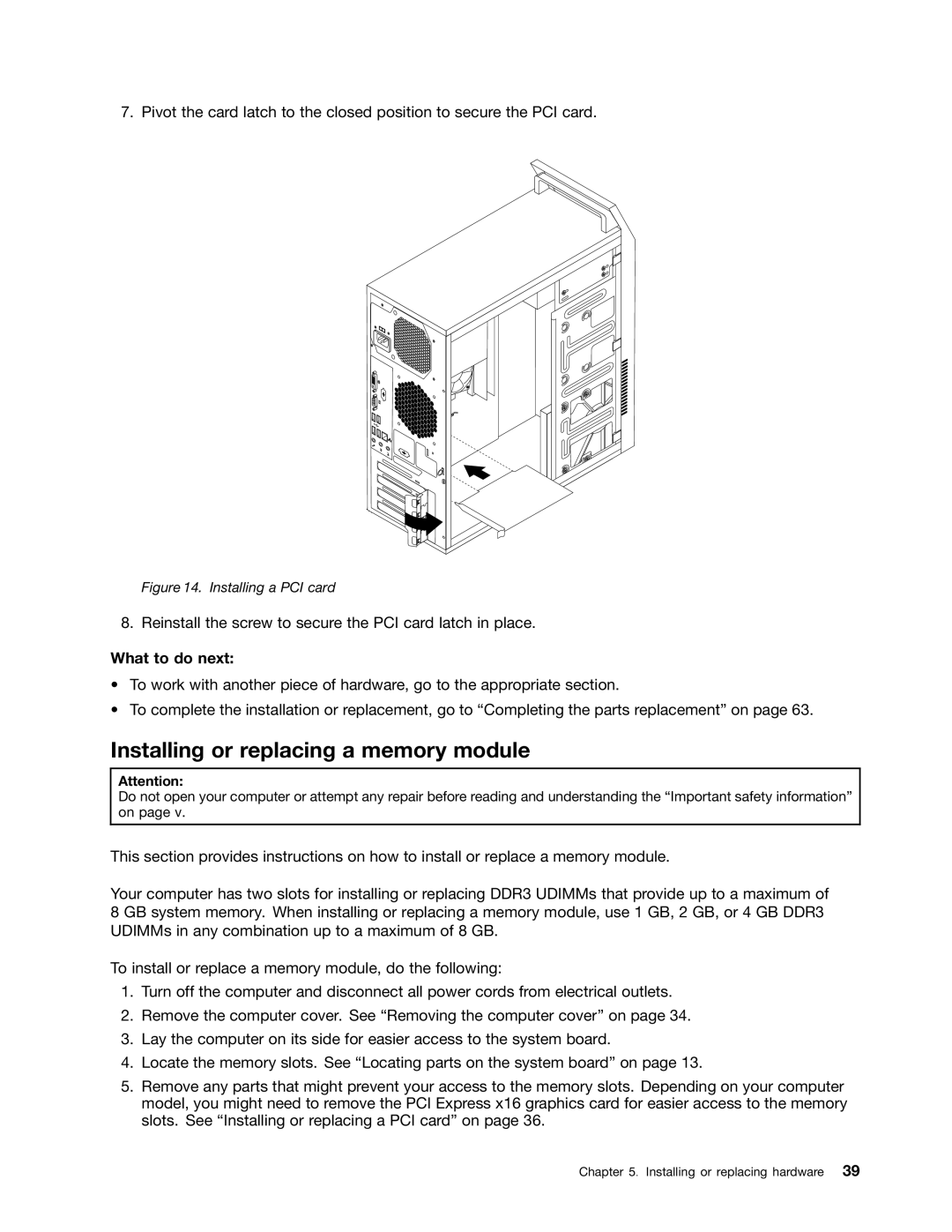 Lenovo 3484JMU manual Installing or replacing a memory module, Installing a PCI card 