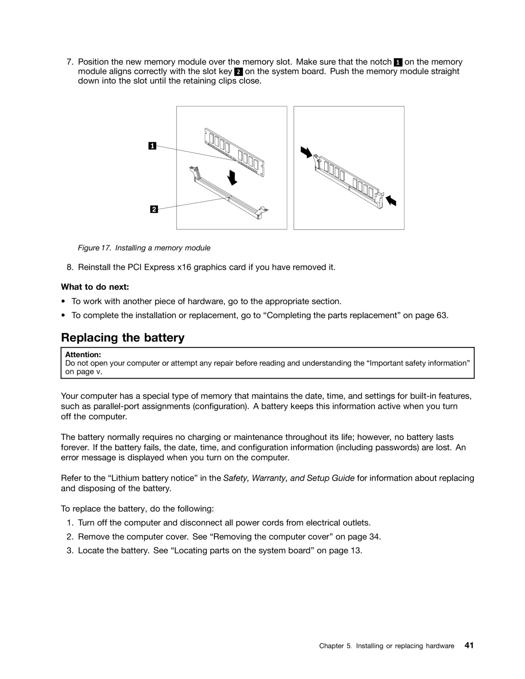 Lenovo 3484JMU manual Replacing the battery, Installing a memory module 