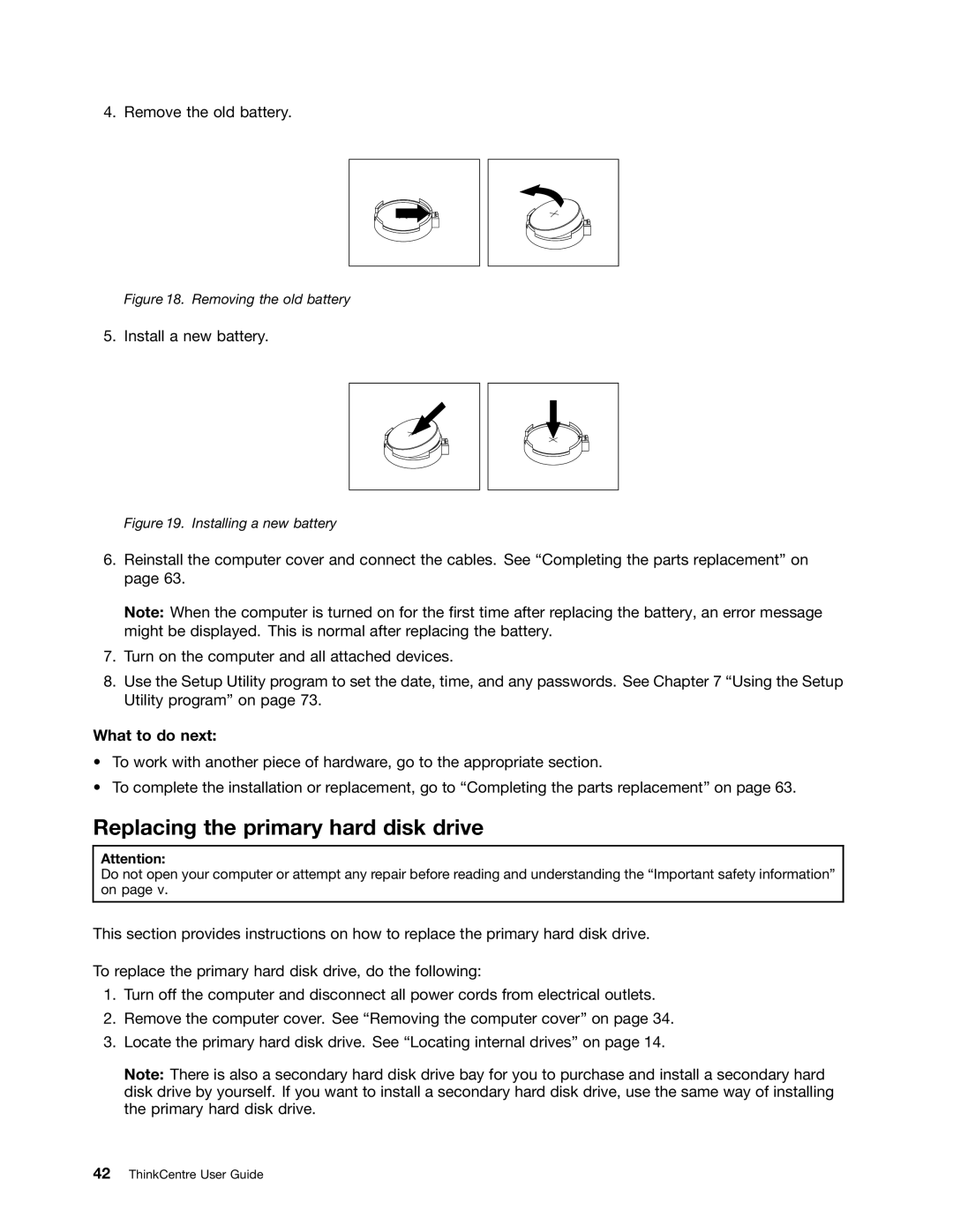 Lenovo 3484JMU manual Replacing the primary hard disk drive, Removing the old battery 