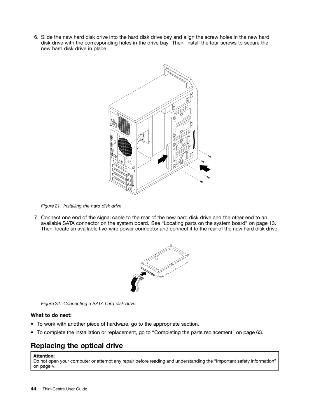 Lenovo 3484JMU manual Replacing the optical drive, Installing the hard disk drive 