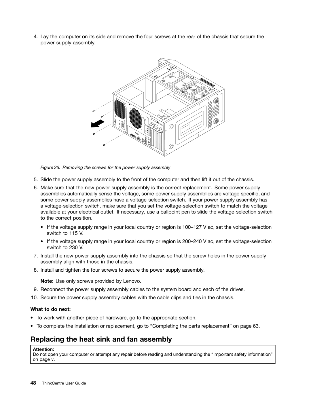 Lenovo 3484JMU manual Replacing the heat sink and fan assembly, Removing the screws for the power supply assembly 