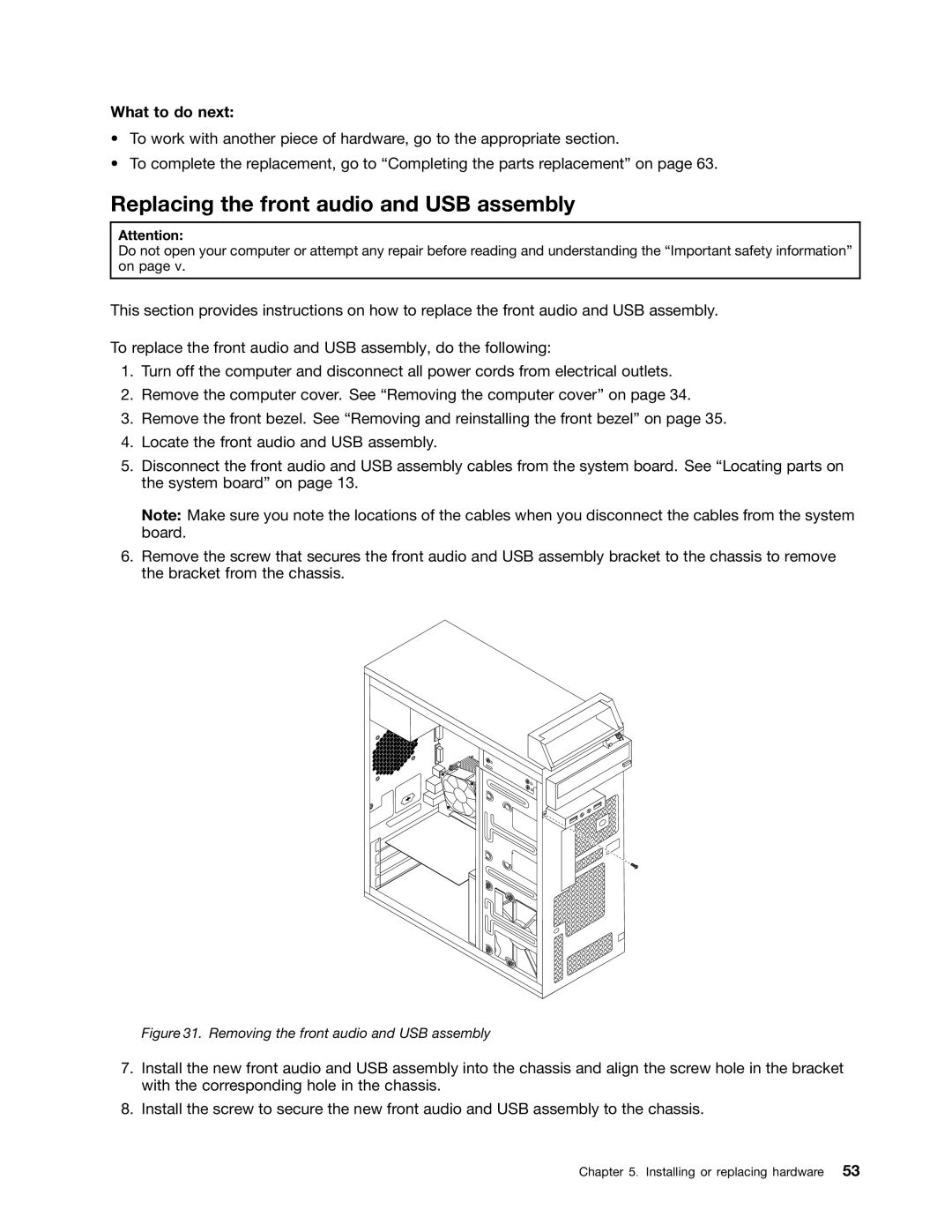 Lenovo 3484JMU manual Replacing the front audio and USB assembly, Removing the front audio and USB assembly 