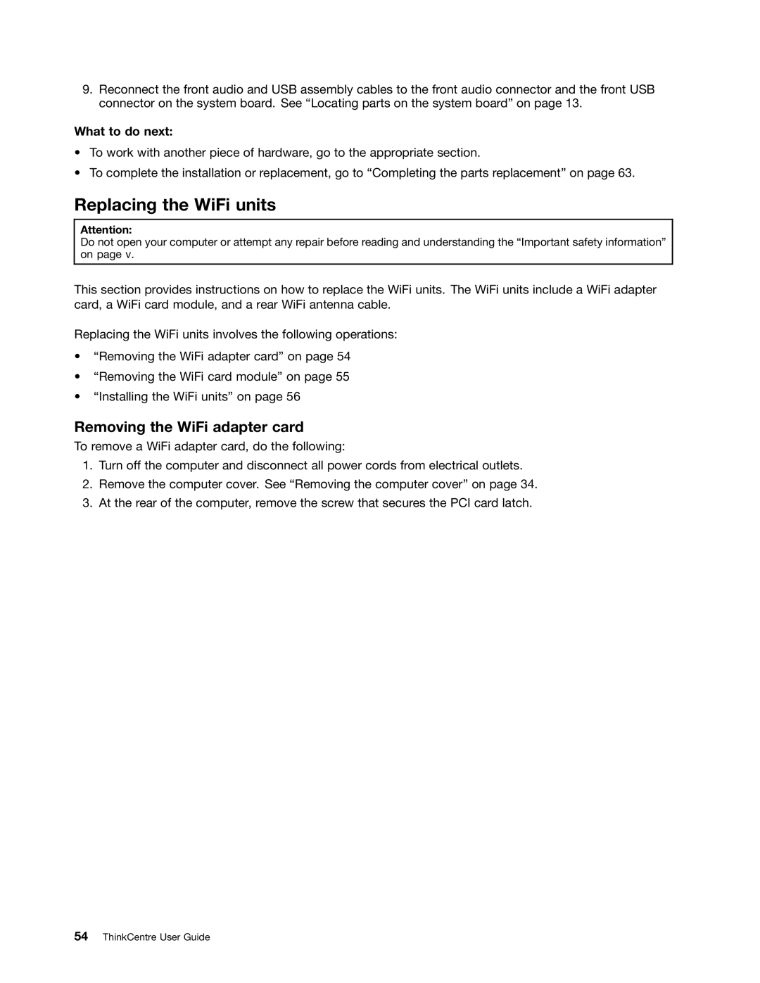 Lenovo 3484JMU manual Replacing the WiFi units, Removing the WiFi adapter card 