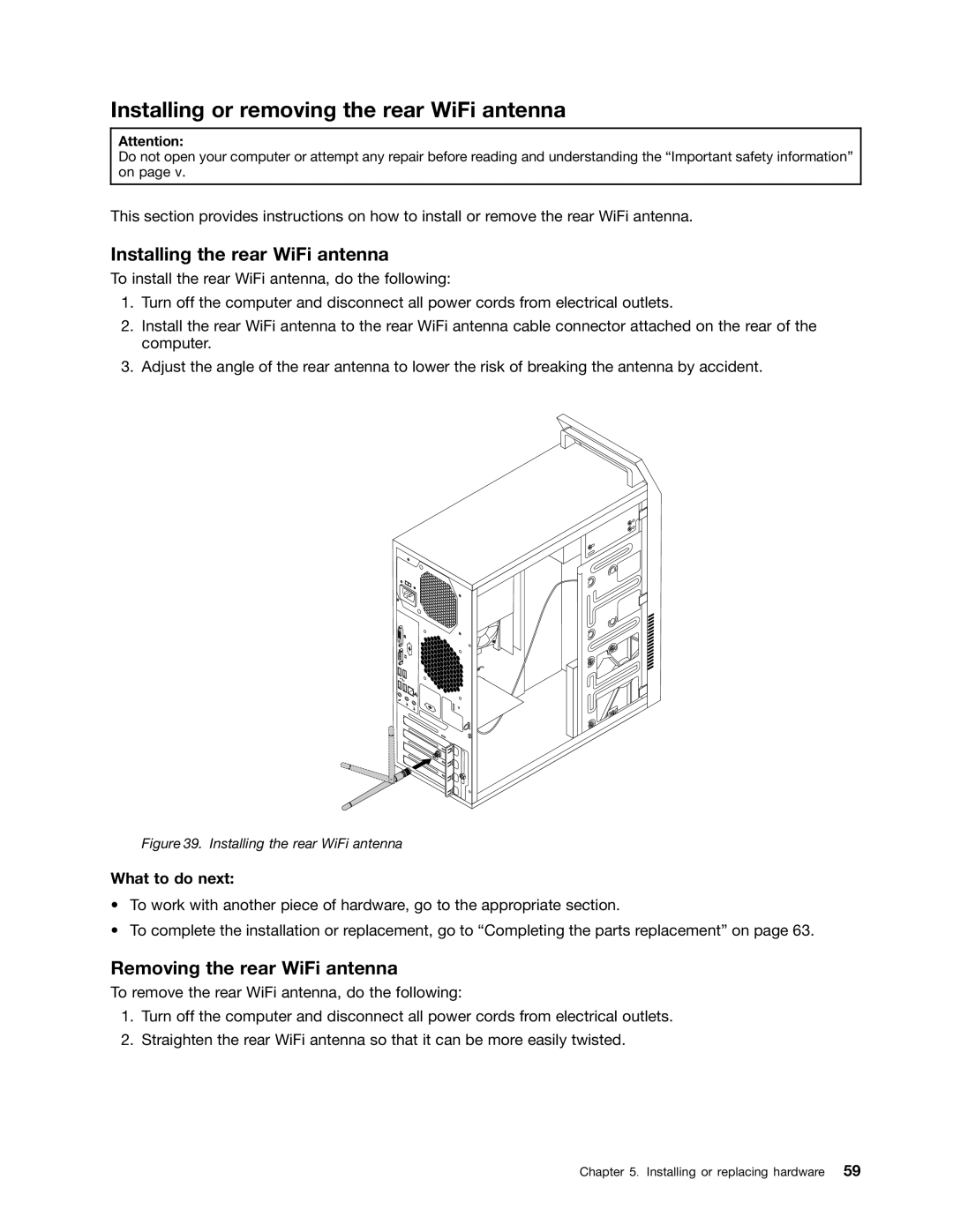 Lenovo 3484JMU manual Installing or removing the rear WiFi antenna, Installing the rear WiFi antenna 