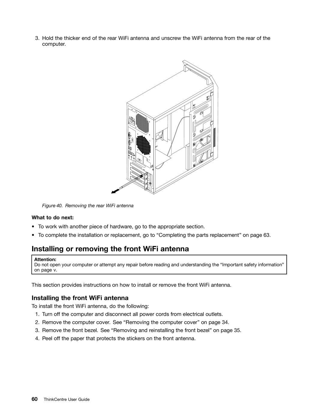 Lenovo 3484JMU manual Installing or removing the front WiFi antenna, Installing the front WiFi antenna 