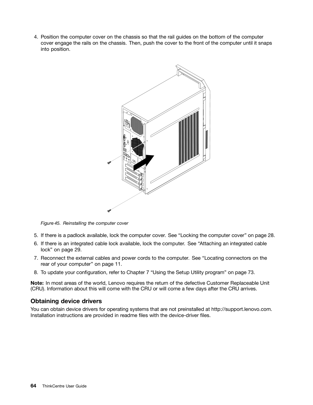 Lenovo 3484JMU manual Obtaining device drivers, Reinstalling the computer cover 