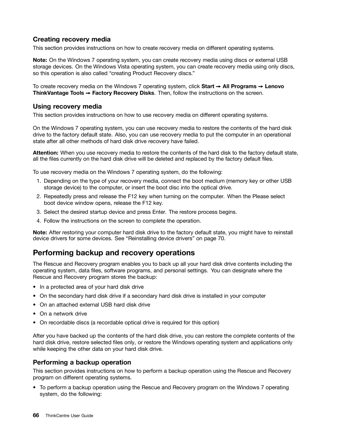 Lenovo 3484JMU manual Performing backup and recovery operations, Creating recovery media, Using recovery media 