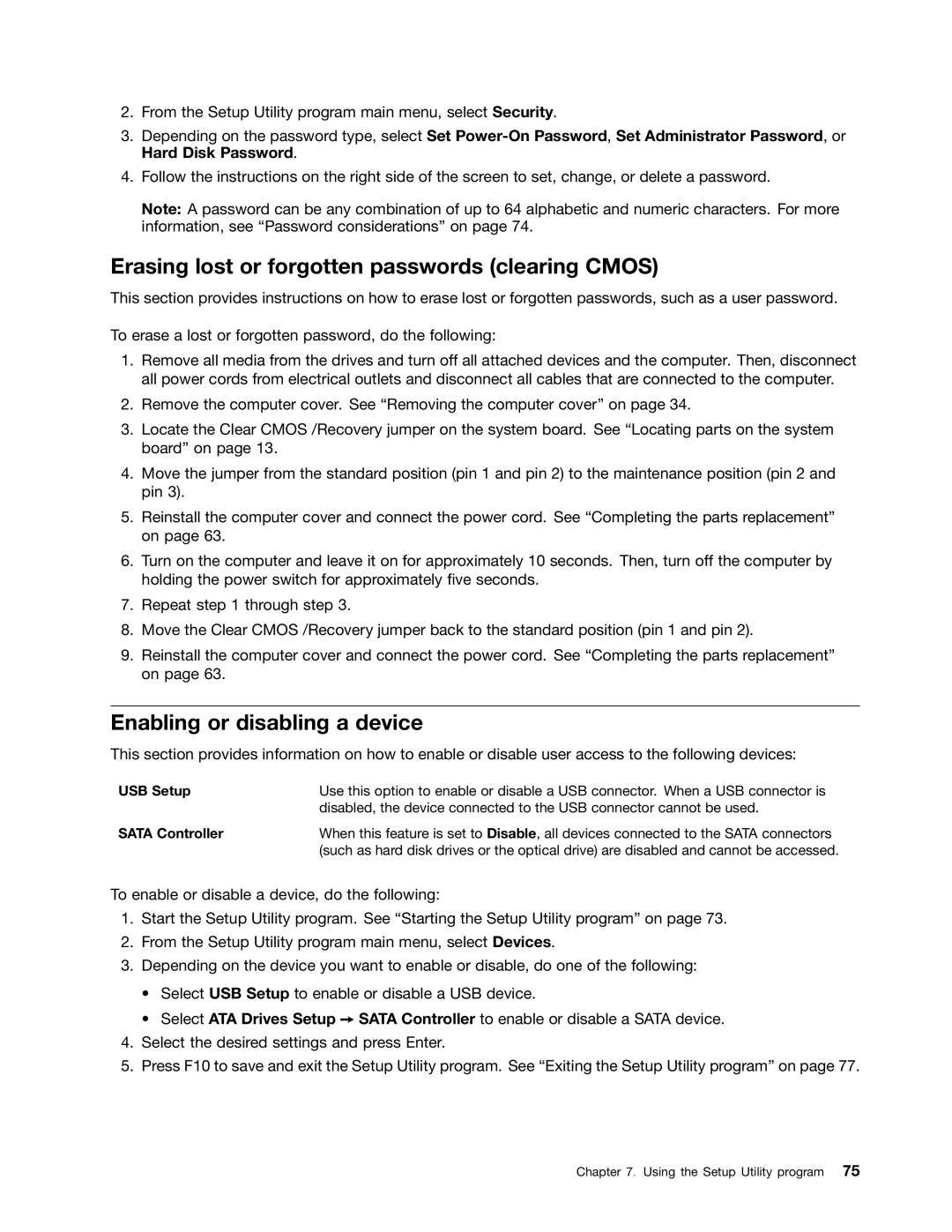 Lenovo 3484JMU manual Erasing lost or forgotten passwords clearing Cmos, Enabling or disabling a device 