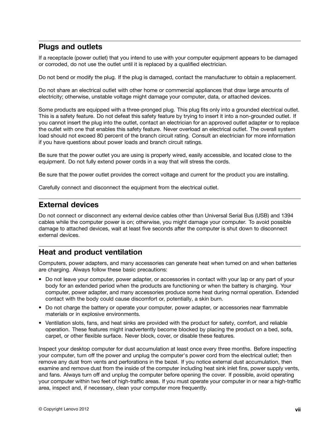 Lenovo 3484JMU manual Plugs and outlets, External devices, Heat and product ventilation 