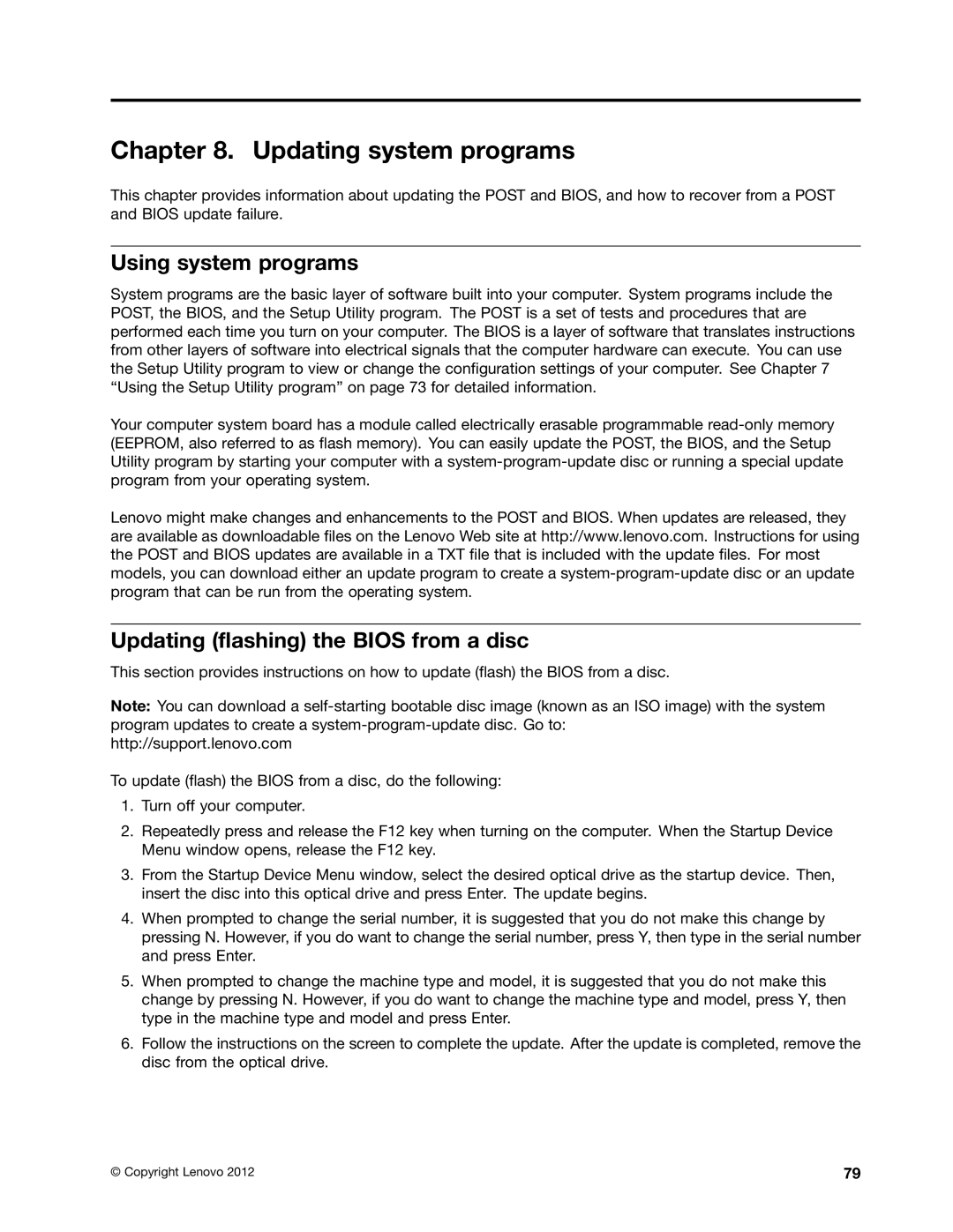 Lenovo 3484JMU manual Updating system programs, Using system programs, Updating flashing the Bios from a disc 