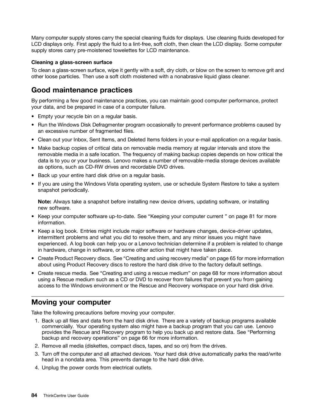 Lenovo 3484JMU manual Good maintenance practices, Moving your computer, Cleaning a glass-screen surface 