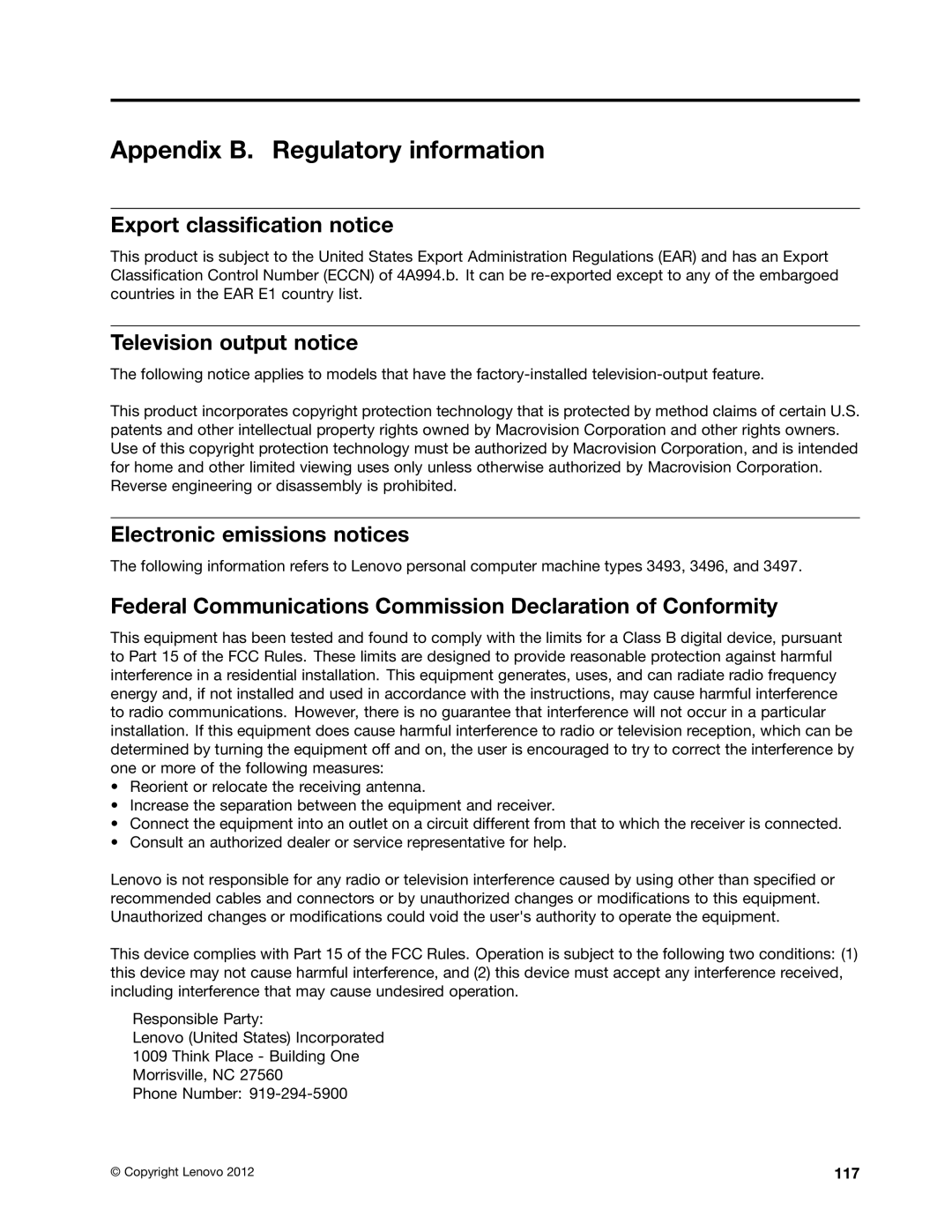 Lenovo 3496, 3493DFU manual Appendix B. Regulatory information, Export classification notice, Television output notice 