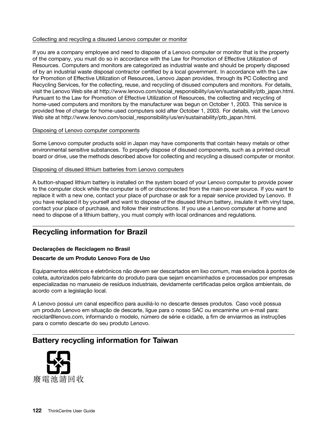 Lenovo 3496, 3493DFU manual Recycling information for Brazil, Battery recycling information for Taiwan 