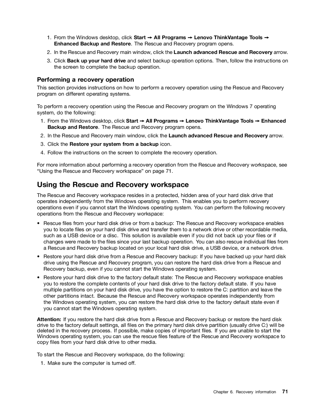 Lenovo 3496, 3493DFU manual Using the Rescue and Recovery workspace, Performing a recovery operation 