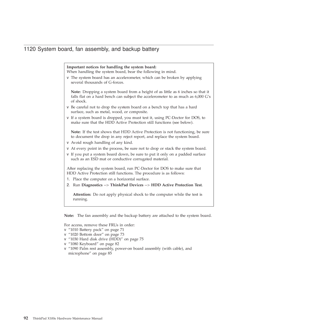 Lenovo 350828U, X100E manual System board, fan assembly, and backup battery, Important notices for handling the system board 