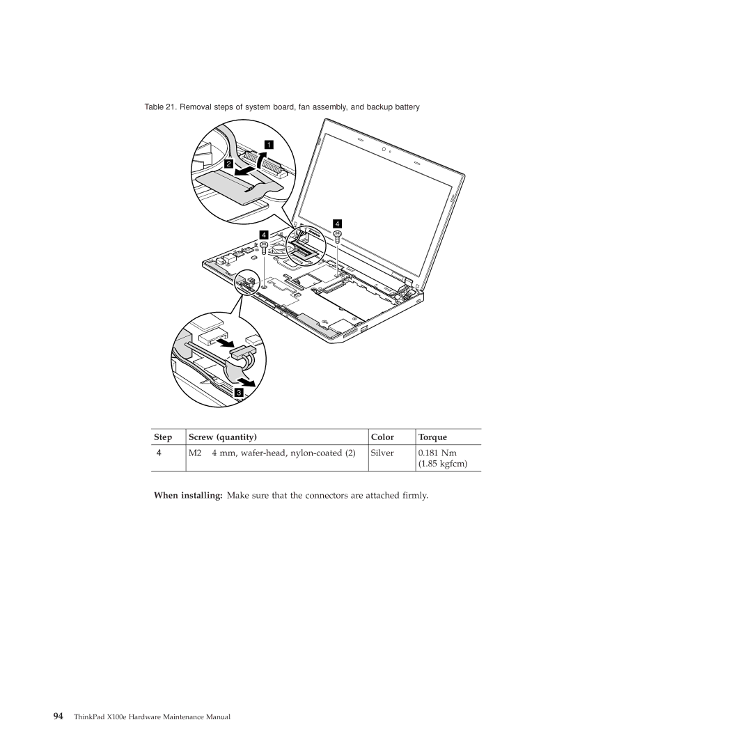 Lenovo 350828U, X100E manual Step Screw quantity Color Torque 