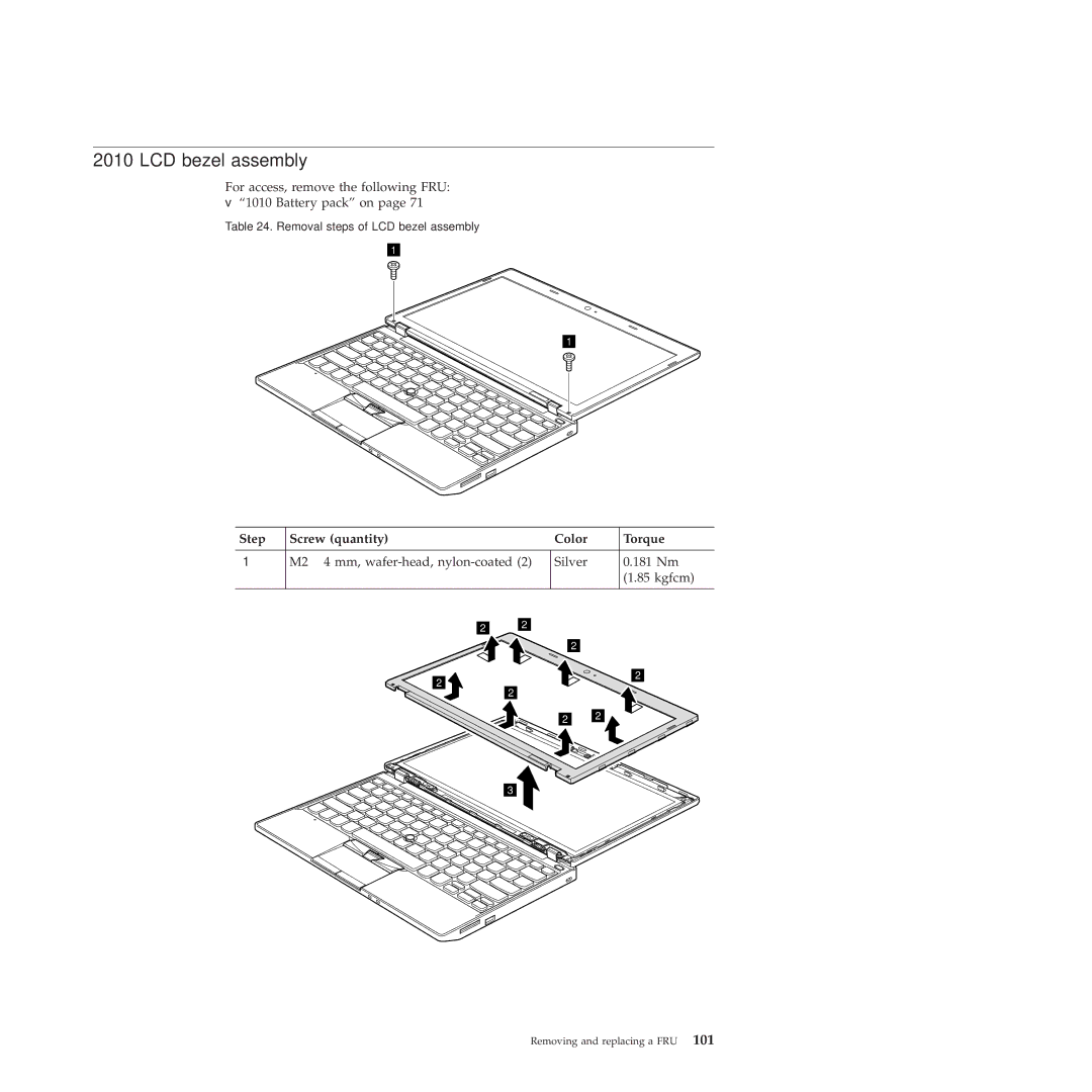 Lenovo X100E, 350828U manual LCD bezel assembly, Step Screw quantity Color Torque 