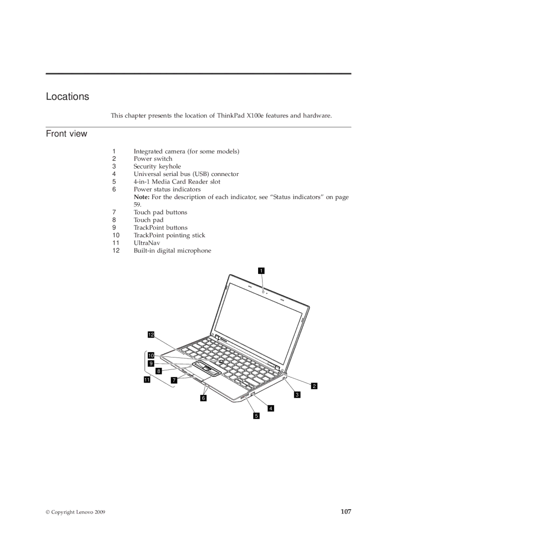 Lenovo X100E, 350828U manual Locations, Front view 