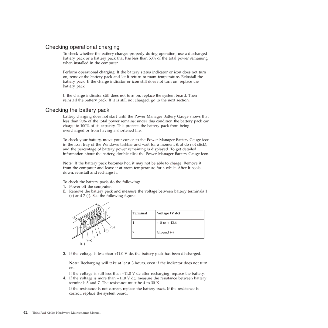 Lenovo 350828U, X100E manual Checking operational charging, Checking the battery pack 