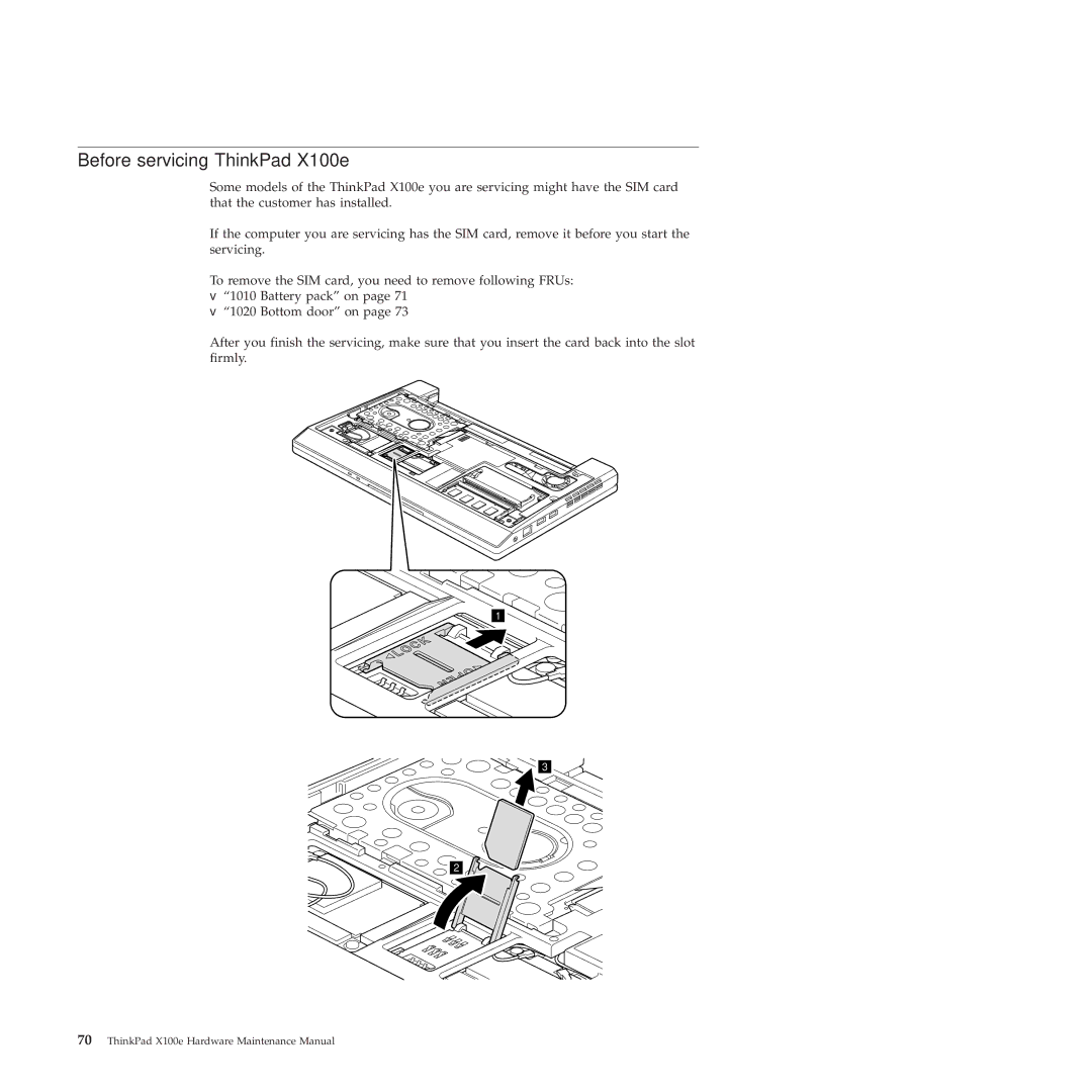 Lenovo 350828U, X100E manual Before servicing ThinkPad X100e 