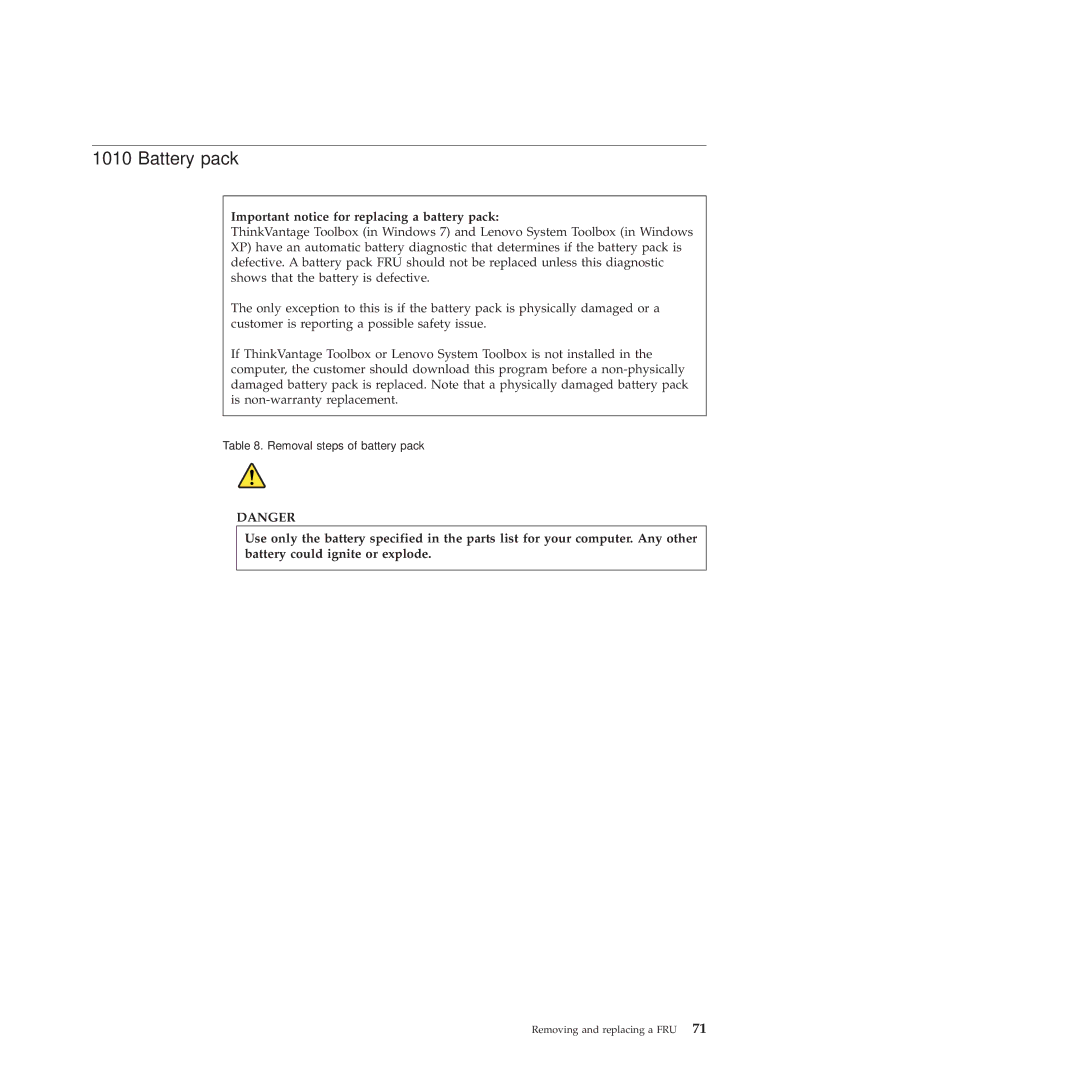 Lenovo X100E, 350828U manual Battery pack, Important notice for replacing a battery pack 