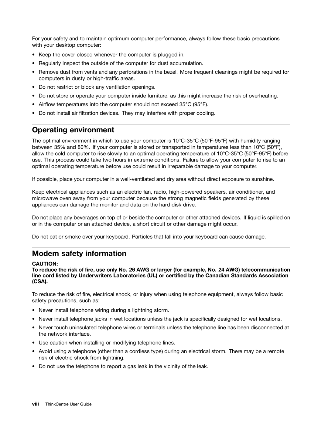 Lenovo 3660, 3668, 967, 900, 3676, 3654, 3629, 3578, 3594, 3598, 3664, 3596, 1271 Operating environment, Modem safety information 