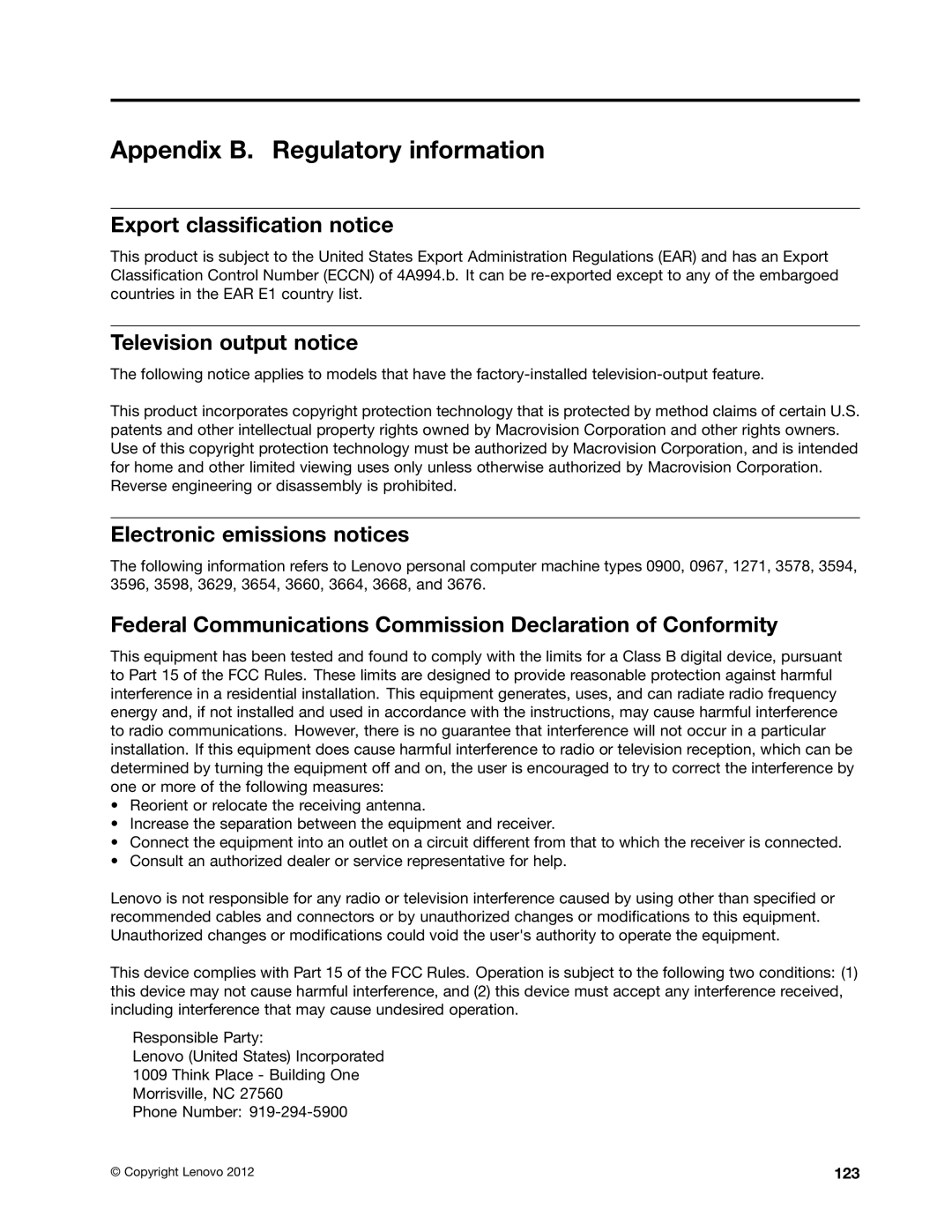 Lenovo 3629, 3668, 967, 900, 3676 Appendix B. Regulatory information, Export classification notice, Television output notice 