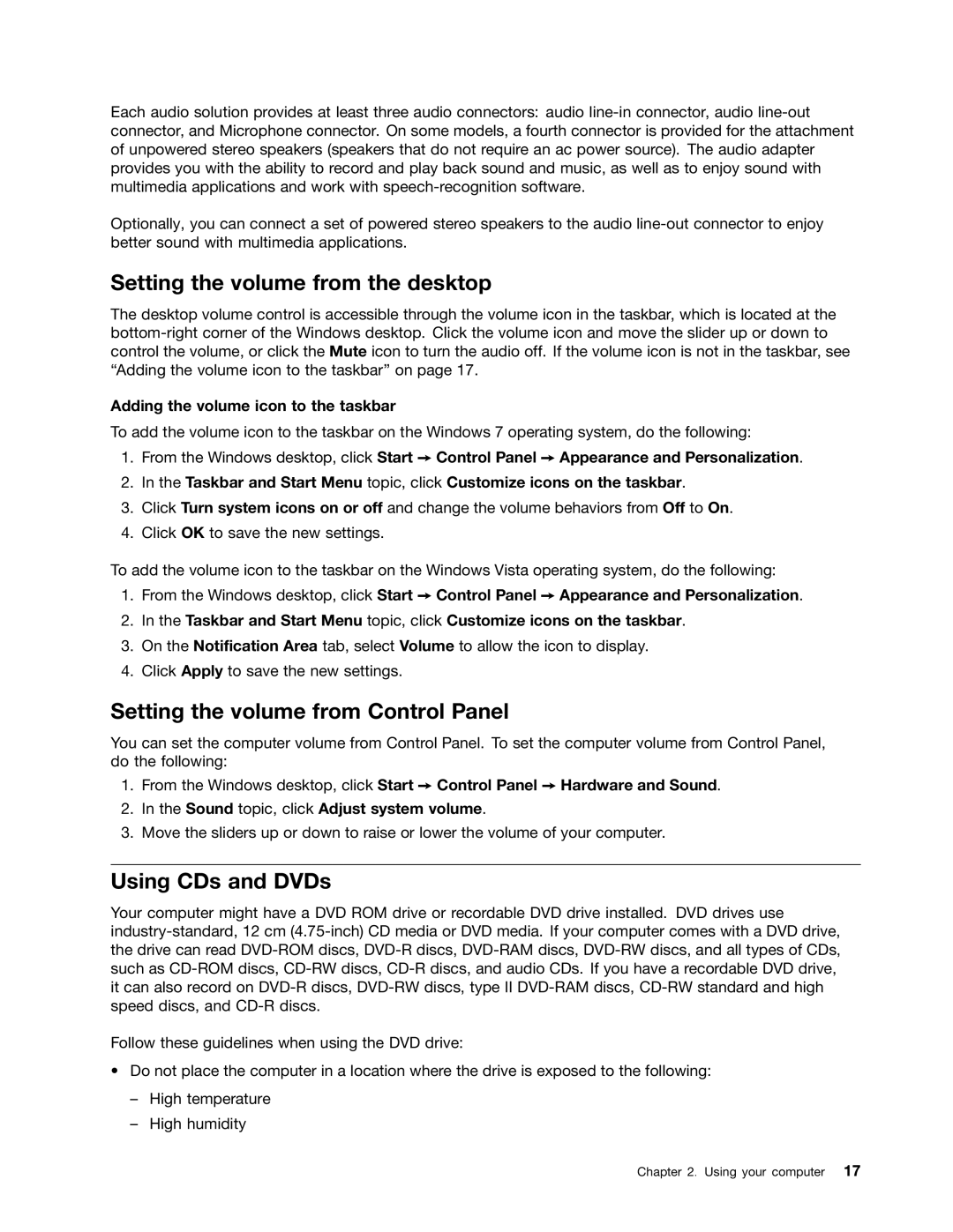 Lenovo 3676, 3668, 967, 900 Setting the volume from the desktop, Setting the volume from Control Panel, Using CDs and DVDs 