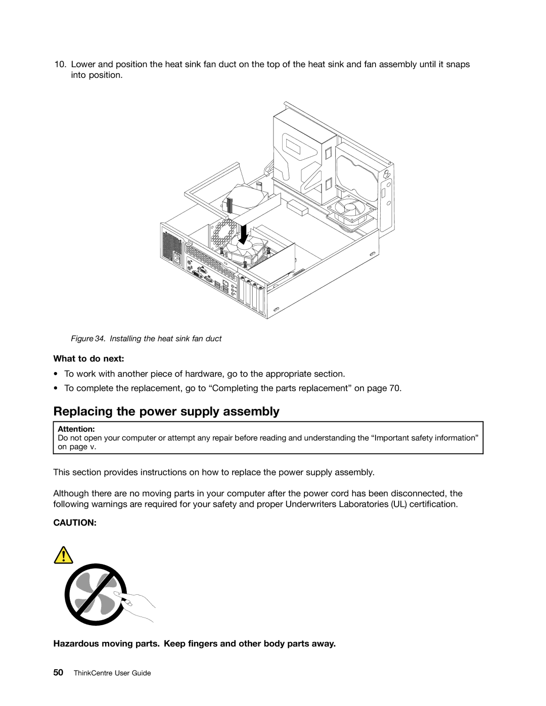 Lenovo 3660, 3668, 967, 900, 3676, 3654, 3629, 3578, 3594 Replacing the power supply assembly, Installing the heat sink fan duct 