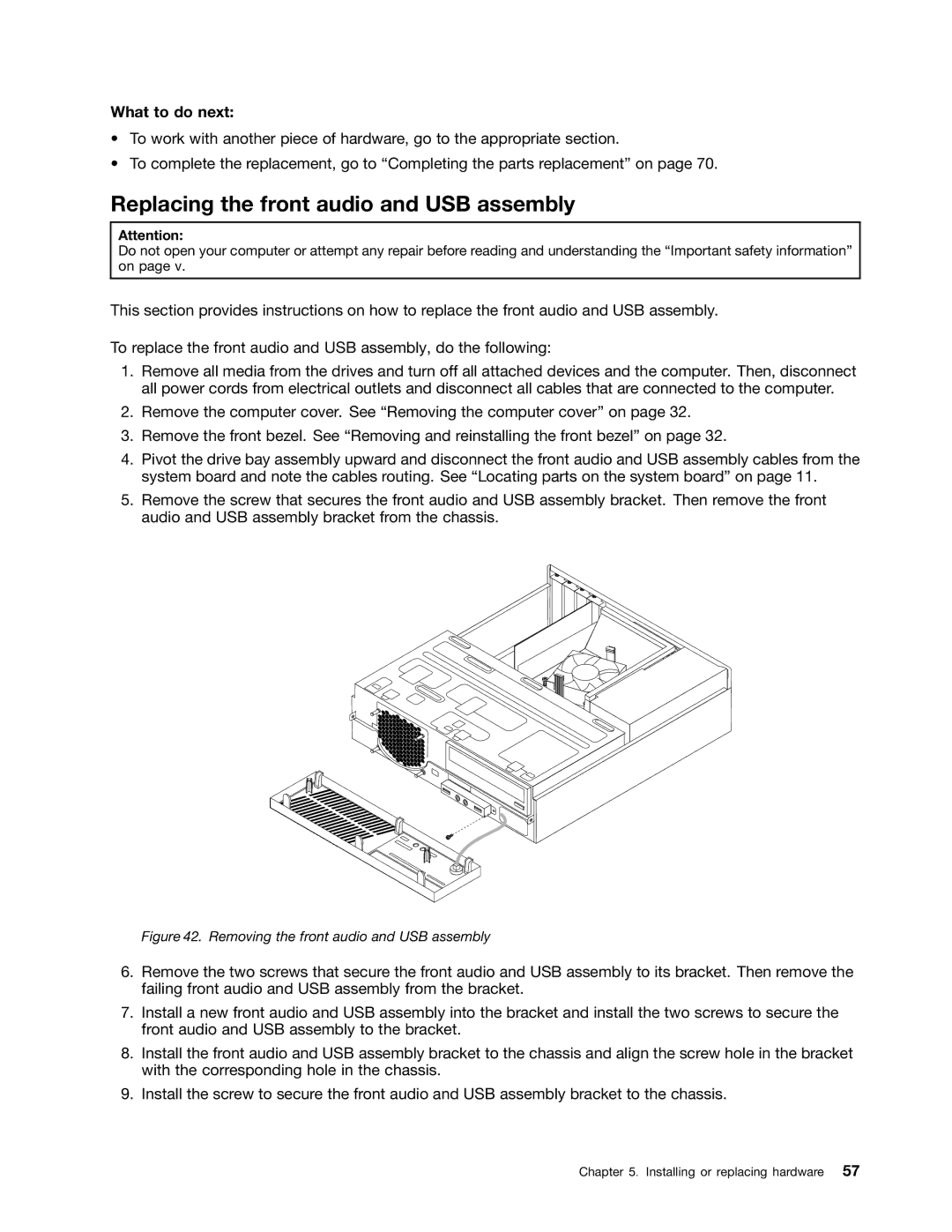 Lenovo 3654, 3668, 967, 900, 3676, 3629 Replacing the front audio and USB assembly, Removing the front audio and USB assembly 