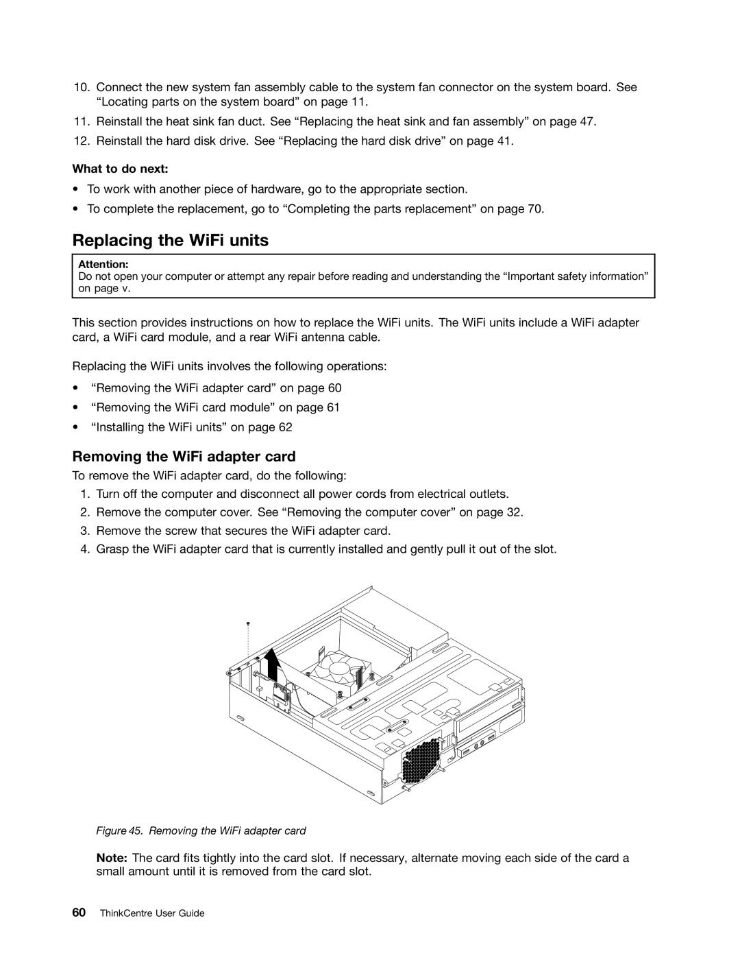 Lenovo 3594, 3668, 967, 900, 3676, 3654, 3629, 3578, 3598, 3664, 3660, 3596 Replacing the WiFi units, Removing the WiFi adapter card 