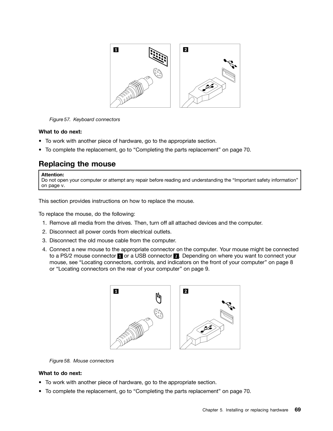 Lenovo 3676, 3668, 967, 900, 3654, 3629, 3578, 3594, 3598, 3664, 3660, 3596, 1271 manual Replacing the mouse, Keyboard connectors 