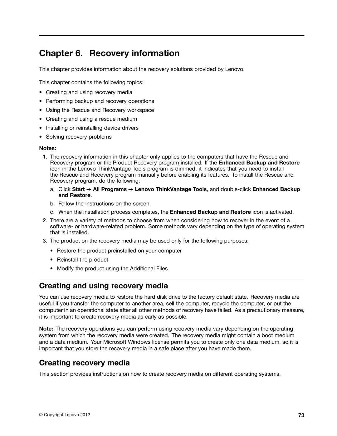 Lenovo 3594, 3668, 967, 900, 3676, 3654, 3629 Recovery information, Creating and using recovery media, Creating recovery media 