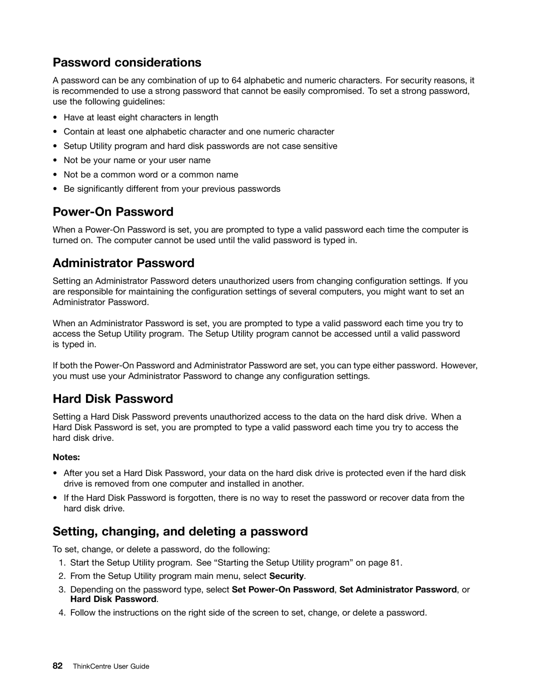 Lenovo 3676, 3668, 967, 900, 3654, 3629 Password considerations, Power-On Password, Administrator Password, Hard Disk Password 