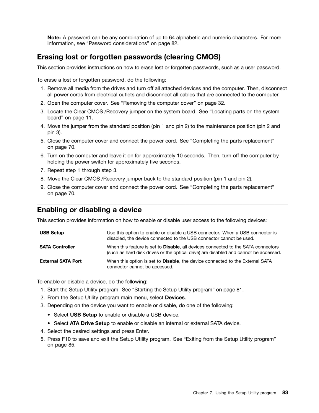 Lenovo 3654, 3668, 967, 900, 3676, 3629, 3578 Erasing lost or forgotten passwords clearing Cmos, Enabling or disabling a device 